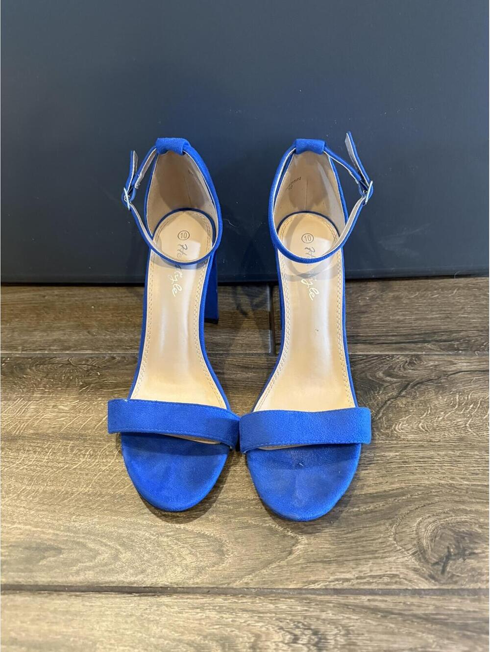 Blue Suede Ankle Strap Block Heel Sandals Size 10